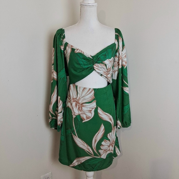 MISA Los Angeles Nina Puff Sleeve Green Floral Cutout Dress Size Small - Picture 6 of 11
